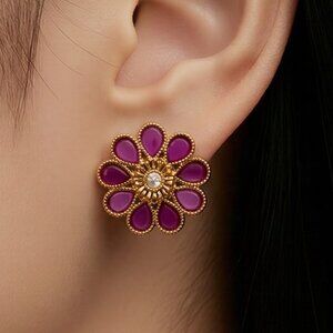 Ruby Flower Petal Earrings for Pierced Ears Gold Tone Metal 1" Wide